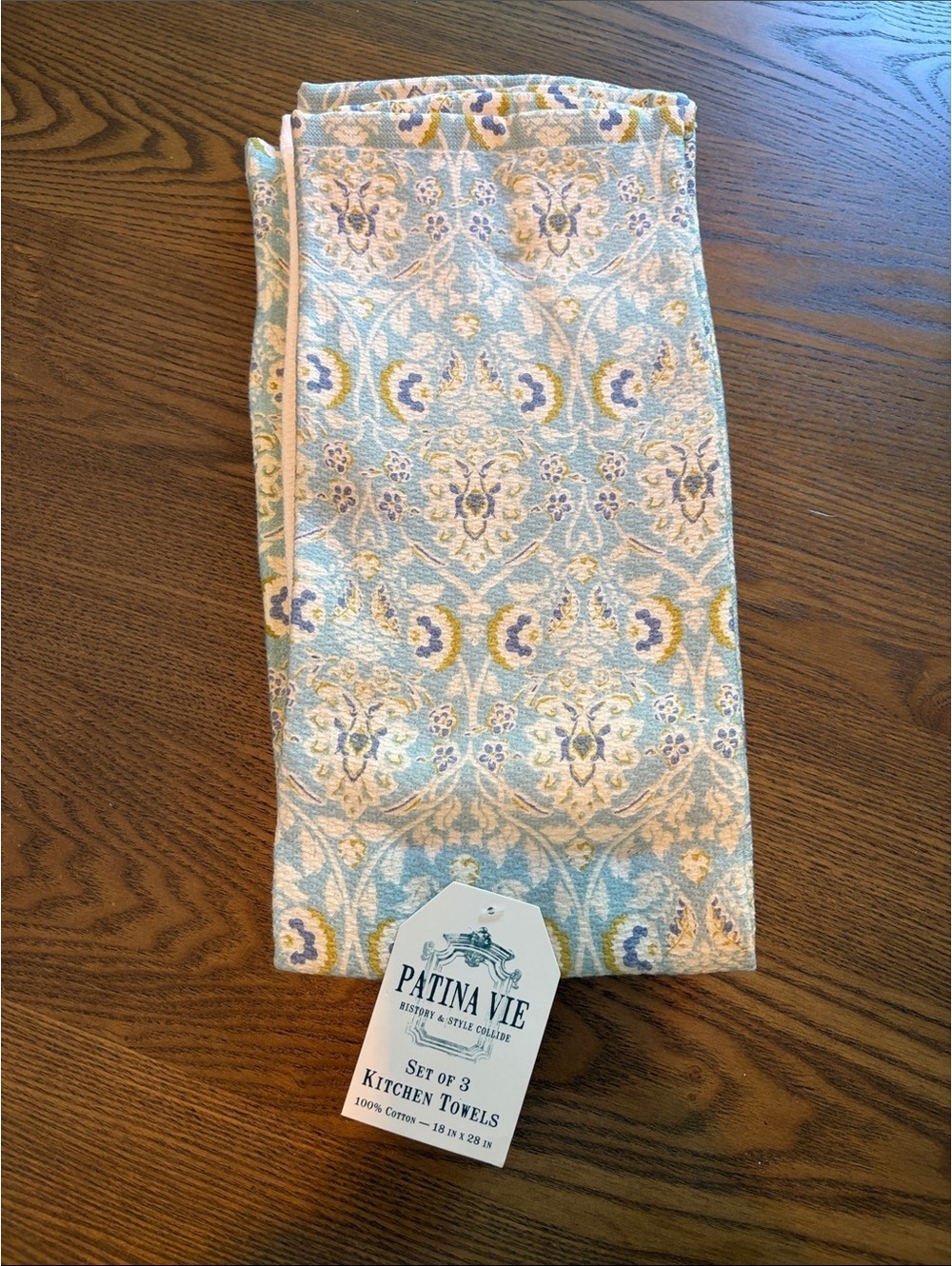 Patina Vie Set of 3 Kitchen Towels - 2 Blue & Cream Pattern, 1 Solid White